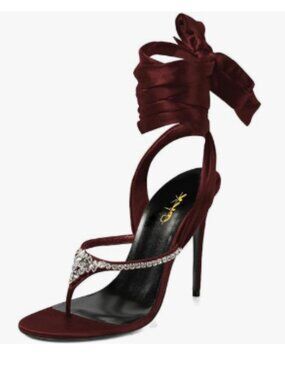 XYD Dark Red Open Split Toe Lace-up Ankle Strappy Sandals Rhinestones Shoes